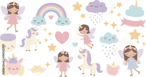 Whimsical fairy tale illustration of unicorns fairies and magical elements for kids