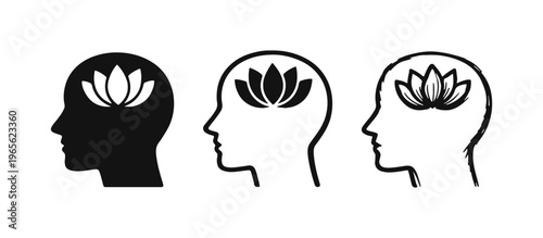 Human head with lotus flower icon set, representing spiritual enlightenment, meditation, and psychological well-being.