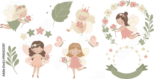 Whimsical illustration of fairy girls with flowers and leaves in soft pastel colors