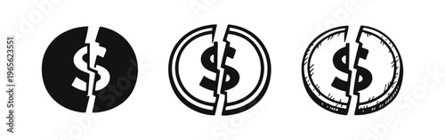 Broken dollar coin icon set, symbolizing economic instability, financial loss, currency devaluation, and crisis.