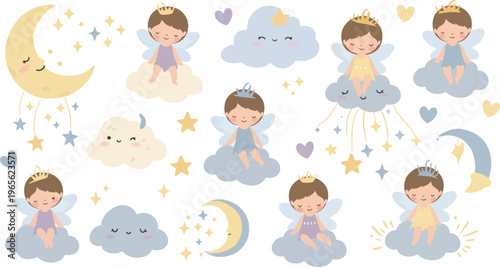 Cute cartoon baby girls sitting on clouds with moon and stars