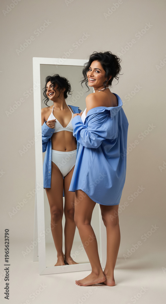 Naklejka premium Smiling Woman in Blue Shirt and White Underwear Mirror Reflection