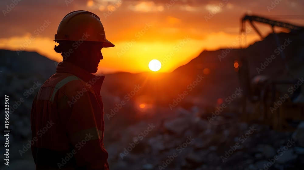 Fototapeta premium Dedicated worker in safety equipment observes the dramatic sunset over an active industrial mining landscape, symbolizing hard work and the close of a productive day in resource extraction