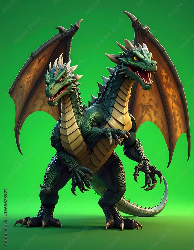 Fototapeta premium A fierce two-headed creature with green scales, brown wings, and menacing yellow eyes, stands poised against a vibrant green backdrop