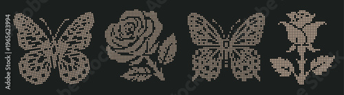 Vintage Cross Stitch Butterfly and Rose Collection, retro embroidery style vector set. Cottagecore floral folk illustration for scrapbook, journal, romantic design