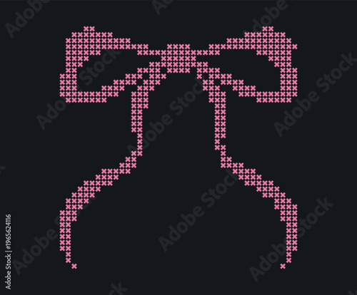 Cross Stitch Bow Ribbon isolated, cute coquette embroidery style vector illustration. Feminine pastel decorative element for scrapbook, journal, romantic design