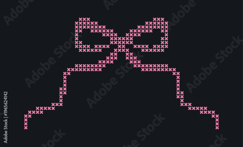 Pink Cross Stitch Fluffy Bow isolated, cute coquette embroidery style vector illustration. Feminine pastel decorative element for scrapbook, journal, romantic design