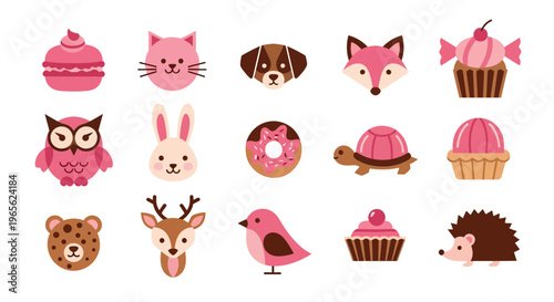 Cute cartoon animal faces and cupcakes.