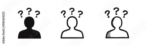 Person with Question Marks Icon Set - Confusion, Thinking, Problem Solving, or Uncertainty Symbol in Doodle Style