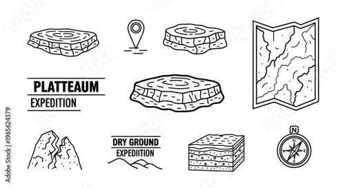 Geological Expedition Icons: Plateau, Map, Compass, Mountain, Layers