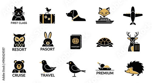 Black and gold travel icons set.