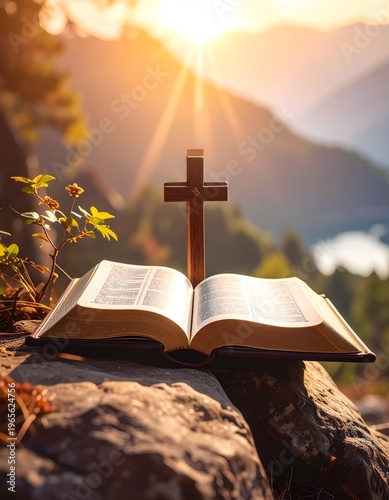 Open Bible and Cross with Sunlight in Mountain Landscape.
