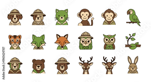 Cartoon animal faces with hats.