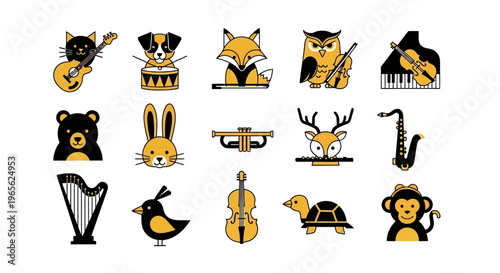 Cartoon animal musicians playing instruments.