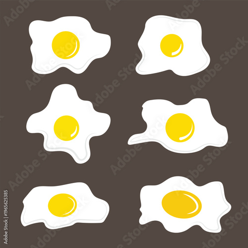 Set of fried egg vector illustrations with yellow yolks and white proteins, flat style icons for breakfast food