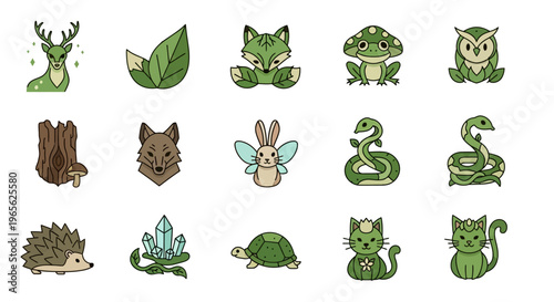 Collection of cartoon forest animal icons.