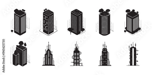 Set of ten isometric black and white building icons featuring modern city apartment and office towers