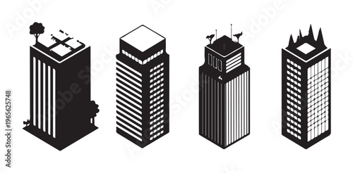 Set of four modern isometric skyscraper icons showcasing contemporary urban real estate design
