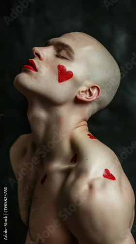 Man with heart-shaped body paint posing against a dark background