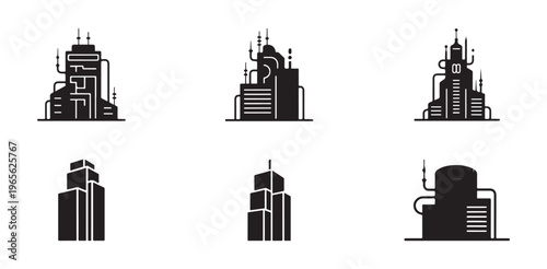 Set of six abstract and futuristic city buildings minimal silhouettes for urban architectural designs