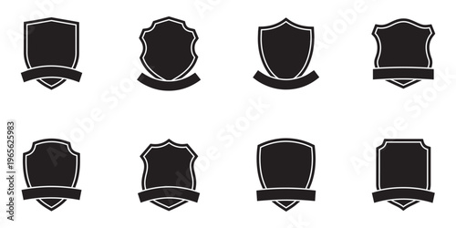 Blank heraldic shield badges with ribbon banner