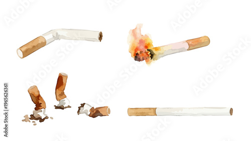 Watercolor-style nostalgic cigarette and smoke, vintage smoking accessories, retro lifestyle／水彩　たばこ