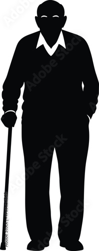 Full body silhouette of an elderly senior man standing with a walking cane, representing aging, retirement, geriatric healthcare, and grandfather wisdom.