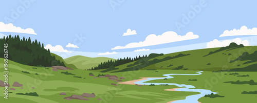 Peaceful green valley scene with hills, trees, and winding river under blue sky vector illustration
