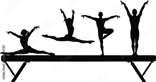 Silhouettes of female gymnasts performing various athletic routines on a balance beam including splits, jumps, and poses for sports competition.