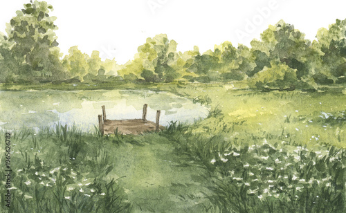 Принти на полотні Watercolor spring and summer green lake landscape