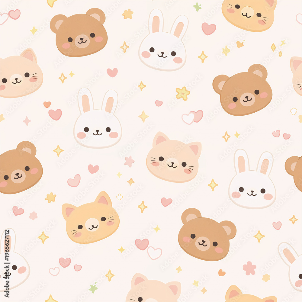 Fototapeta premium Cute Kawaii Animal Faces Seamless Pattern with Bears, Bunnies, and Cats