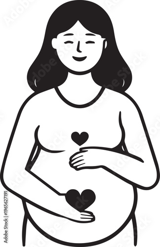 A heartwarming illustration depicts a pregnant woman, gently cradling her baby bump, with a serene expression and heart-shaped symbols accentuating the love and anticipation of motherhood.