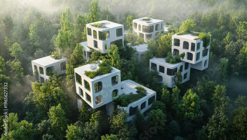 Modern architecture in harmony with nature in a dense forest setting