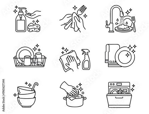 dishwashing line icon set. kitchen cleaning outline icons featuring plate washing, dishwasher, and housekeeping chores