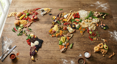 World Map Made of Food on a Wooden Table