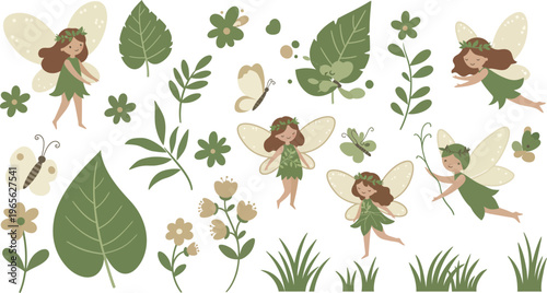 Whimsical illustration of fairies and plants in a garden setting with flowers and leaves