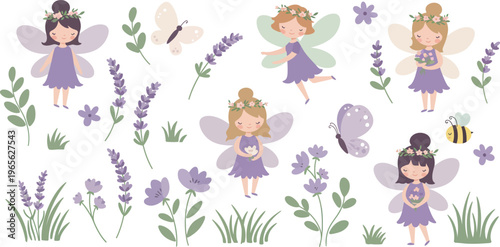 Whimsical illustration of fairies and insects in a field of flowers and grass
