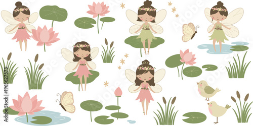 Whimsical illustration of fairies and water lilies in a serene pond environment