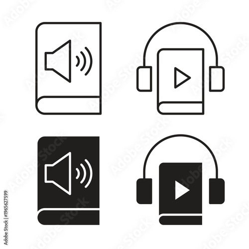 Audiobook icon collection. Black Line stroke silhouette style icons