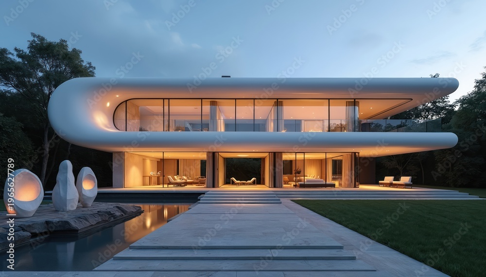 Fototapeta premium Modern luxury house at dusk with curved roof and large windows. Sculptures, pool and garden complement the stylish residence. Upscale architecture and design showcase a serene evening.