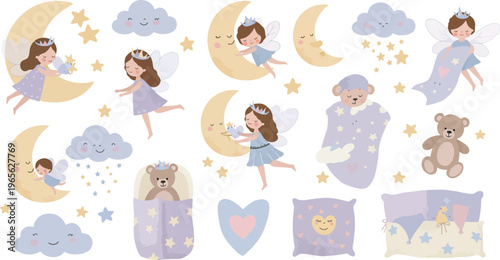 Whimsical illustrations of girls sleeping and dreaming under the moon