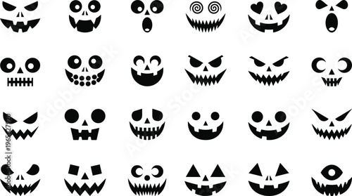 Halloween pumpkin faces silhouette collection isolated on white background, spooky jack o lantern expressions set for design decoration and icons