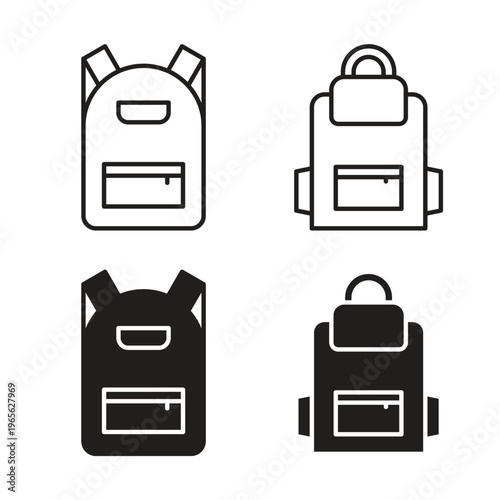 Backpack icon collection. Black Line stroke silhouette style icons