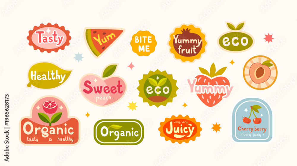 Fototapeta premium Fun set of fruit stickers in a cartoon style. Labels for fruit with inscriptions. Ideal for packaging, posters, menus, social media or childrens designs, grocery, market
