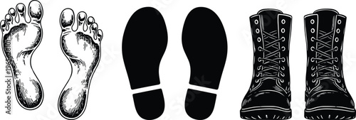 Human barefoot footprints, shoe sole prints and lace up boots set isolated on white background, walking tracking concept illustration