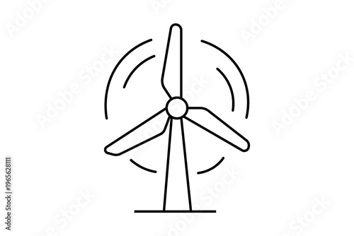 The image is a minimalist line art illustration of a wind turbine. It features a three-bladed rotor mounted on a tall, tapered tower.