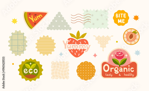 Bright set of fruit stickers and postage stamps with various patterns. Cute collection perfect for packaging, presentations, digital scrapbooking, planners and advertising