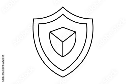 The image is a black and white line art illustration of a shield with a cube inside it.