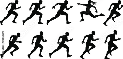 Large collection of black silhouettes showing running men and woman in motion for athletics sports fitness training and marathon race.