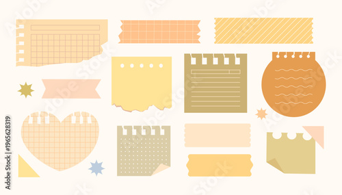 Soft pastel cute collection of scrapbook paper notes, sticky tapes, and torn notebook elements in various shapes and textures. Grid, lined notes, washi tape. For journaling, planner, presentation